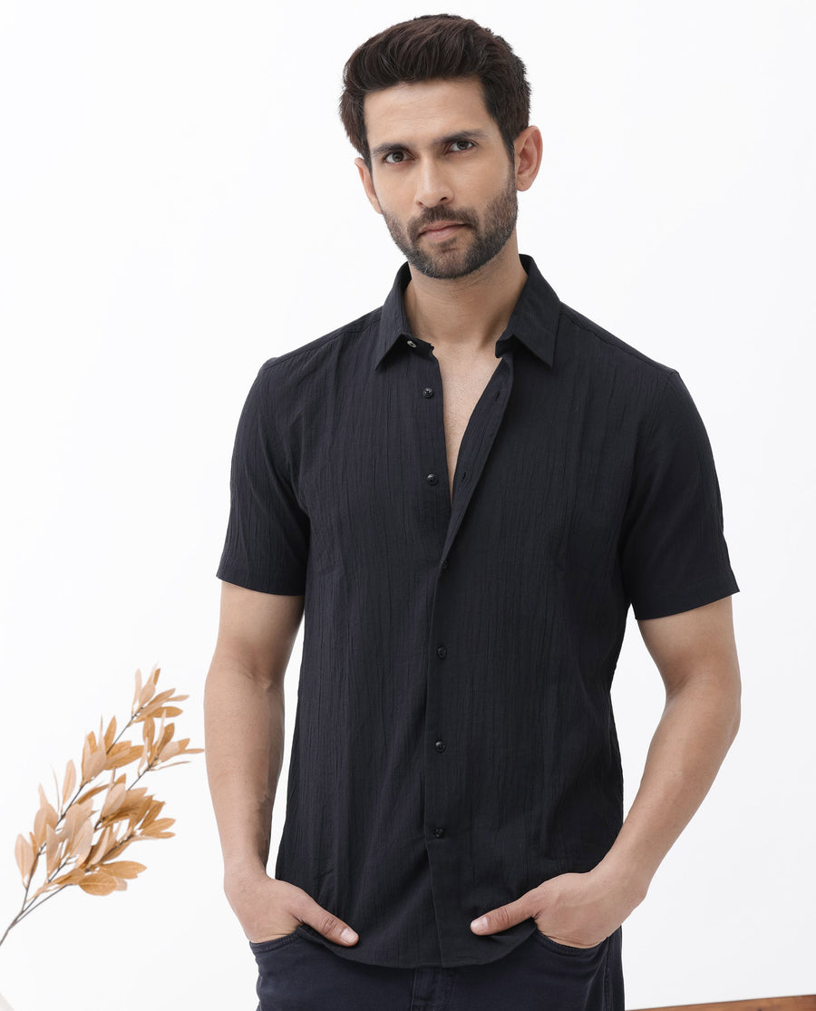 Rare Rabbit Men's Crinkle Ss Black Cotton Plain Boxy Fit Half Sleeve Collared Shirt
