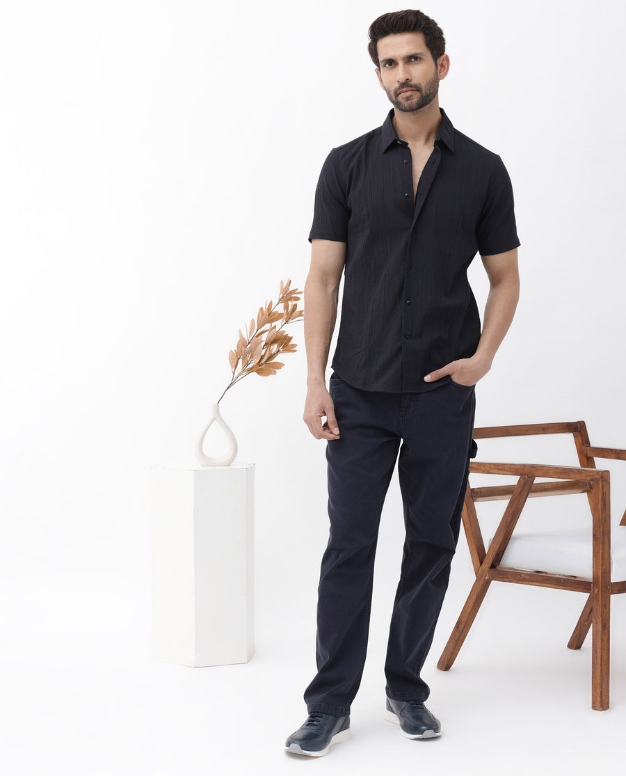 Rare Rabbit Men's Crinkle Ss Black Cotton Plain Boxy Fit Half Sleeve Collared Shirt