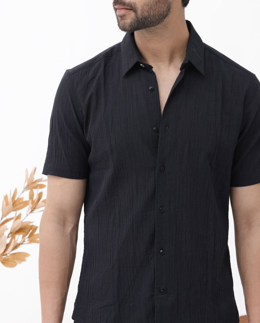 Rare Rabbit Men's Crinkle Ss Black Cotton Plain Boxy Fit Half Sleeve Collared Shirt