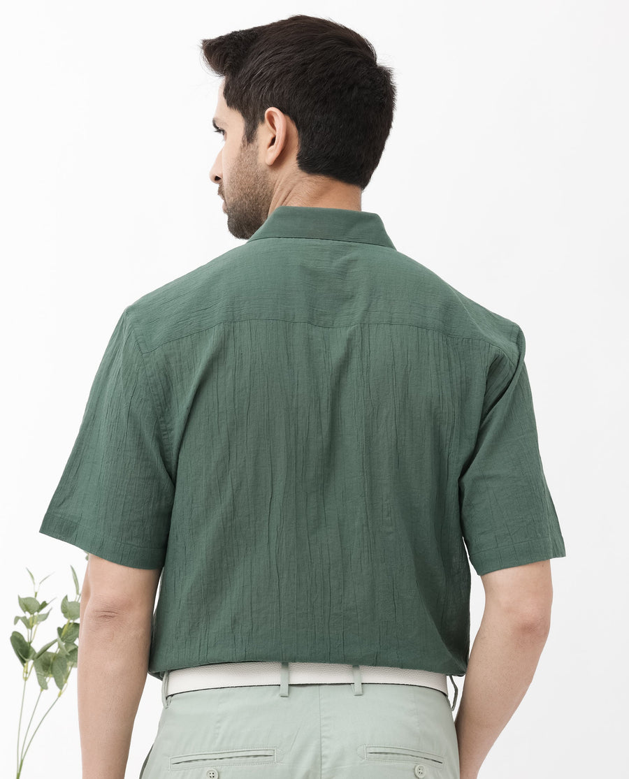 Rare Rabbit Men's Crinkle Ss Dusky Green Cotton Plain Boxy Fit Half Sleeve Collared Shirt