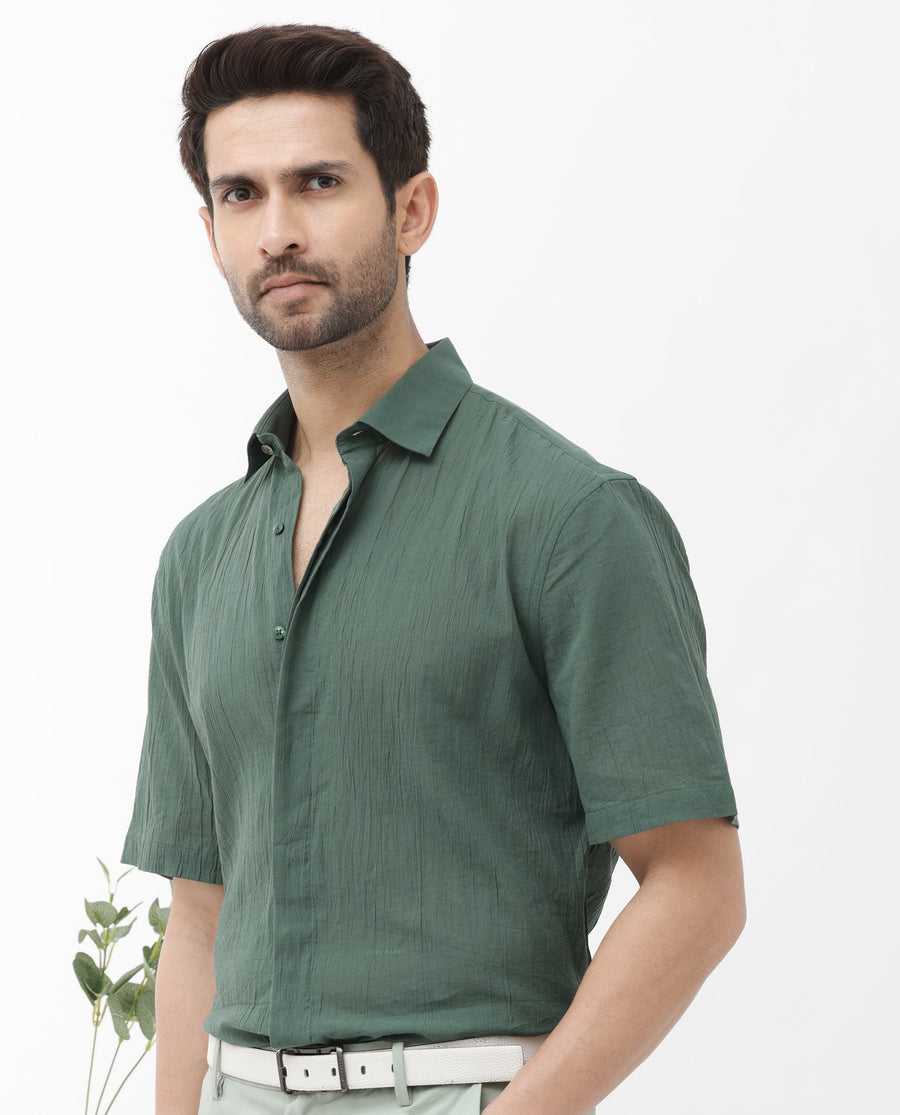 Rare Rabbit Men's Crinkle Ss Dusky Green Cotton Plain Boxy Fit Half Sleeve Collared Shirt