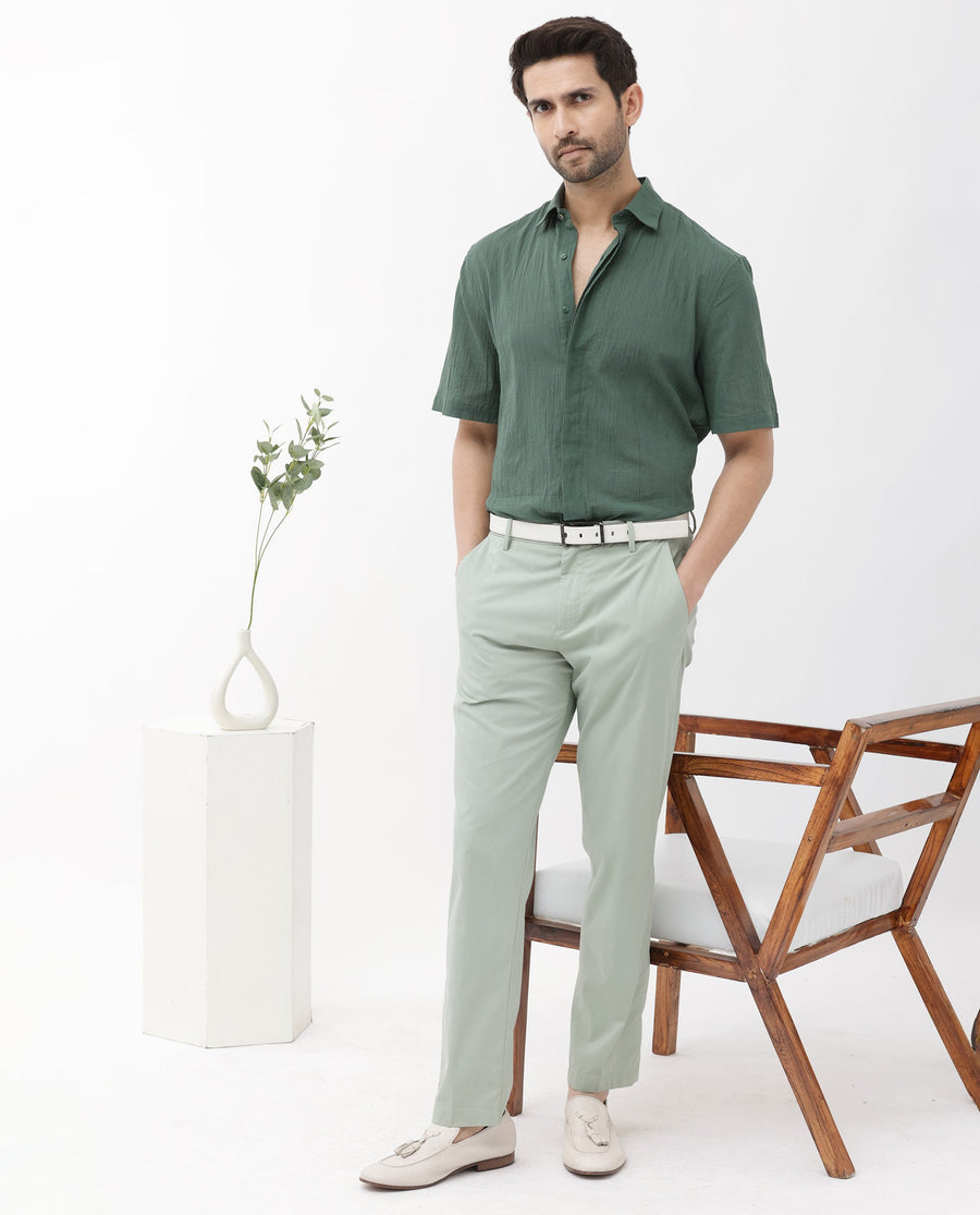 Rare Rabbit Men's Crinkle Ss Dusky Green Cotton Plain Boxy Fit Half Sleeve Collared Shirt