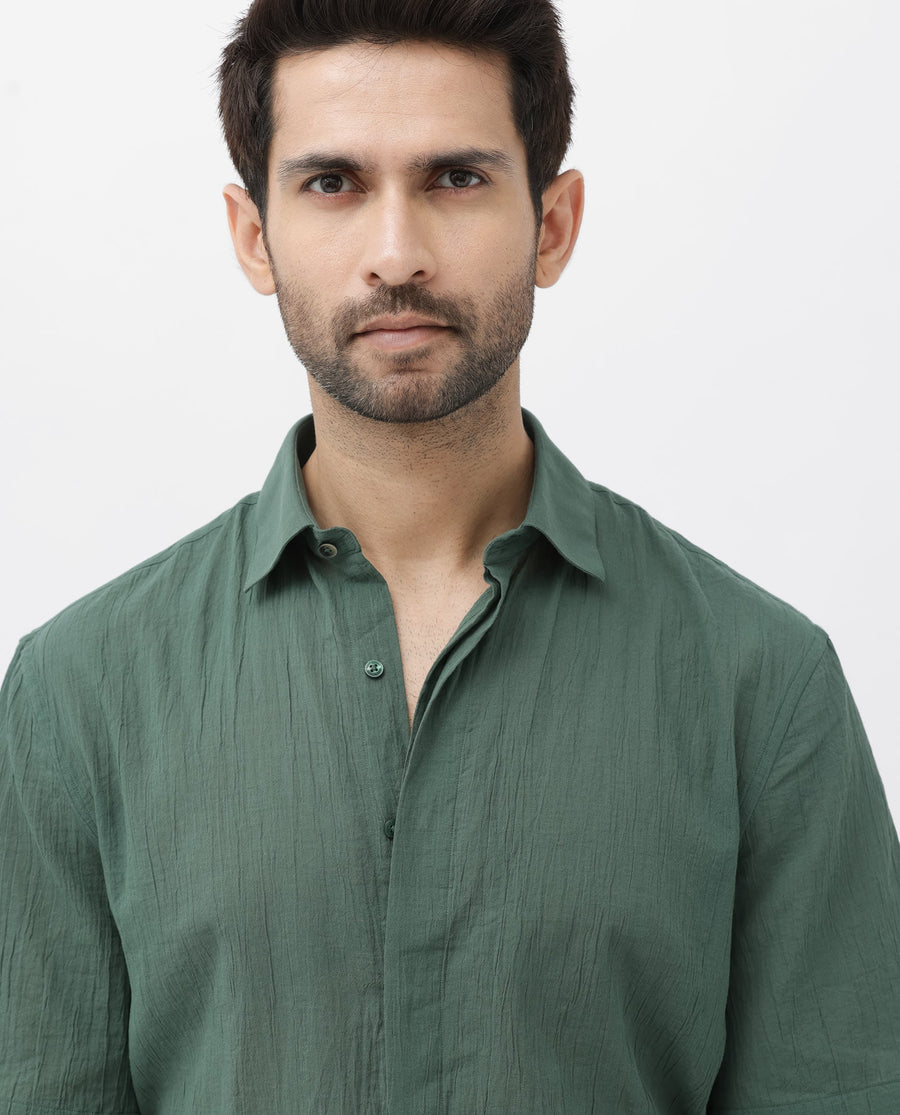Rare Rabbit Men's Crinkle Ss Dusky Green Cotton Plain Boxy Fit Half Sleeve Collared Shirt