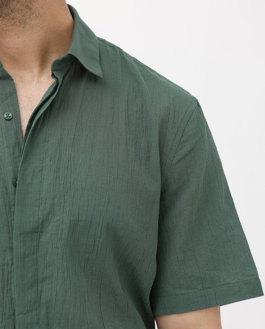 Rare Rabbit Men's Crinkle Ss Dusky Green Cotton Plain Boxy Fit Half Sleeve Collared Shirt