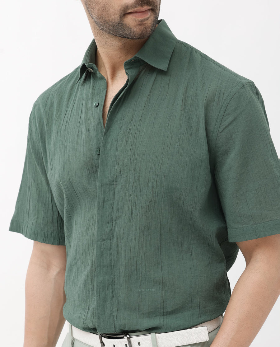 Rare Rabbit Men's Crinkle Ss Dusky Green Cotton Plain Boxy Fit Half Sleeve Collared Shirt