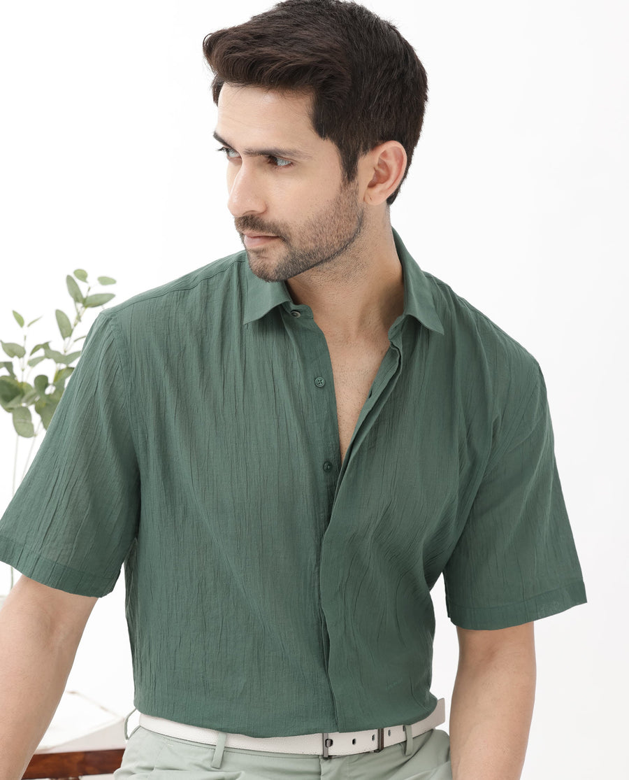 Rare Rabbit Men's Crinkle Ss Dusky Green Cotton Plain Boxy Fit Half Sleeve Collared Shirt