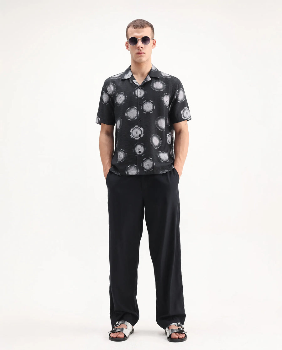 Rare Rabbit Men's Crix Dusky Purple Viscose Blend Geometric Print Relaxed Fit Half Sleeve Cuban Collar Shirt