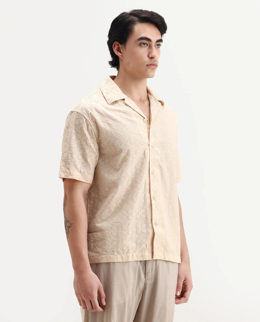 Rare Rabbit Men's Crof Beige Cotton Embroidered Boxy Fit Half Sleeve Collared Shirt