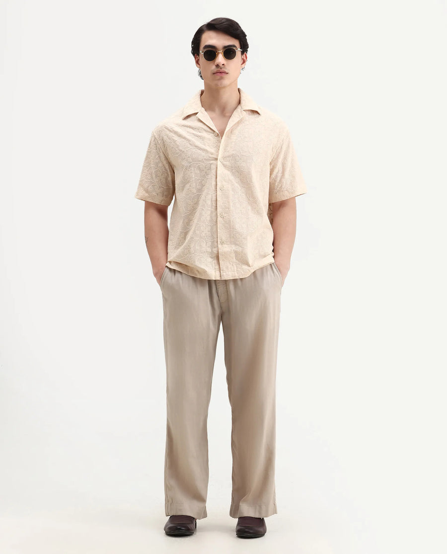 Rare Rabbit Men's Crof Beige Cotton Embroidered Boxy Fit Half Sleeve Collared Shirt