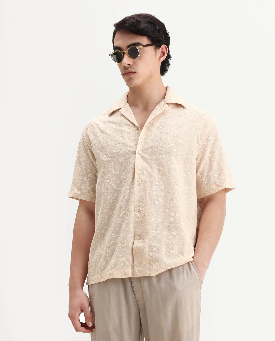Rare Rabbit Men's Crof Beige Cotton Embroidered Boxy Fit Half Sleeve Collared Shirt