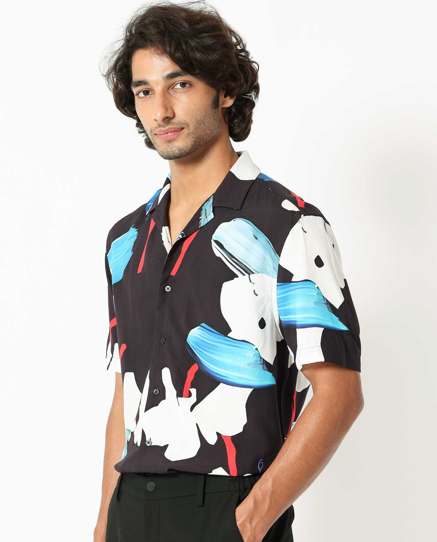 Rare Rabbit Men's Croft Black Viscose Abstract Print Regular Fit Half Sleeve Cuban Collar Shirt