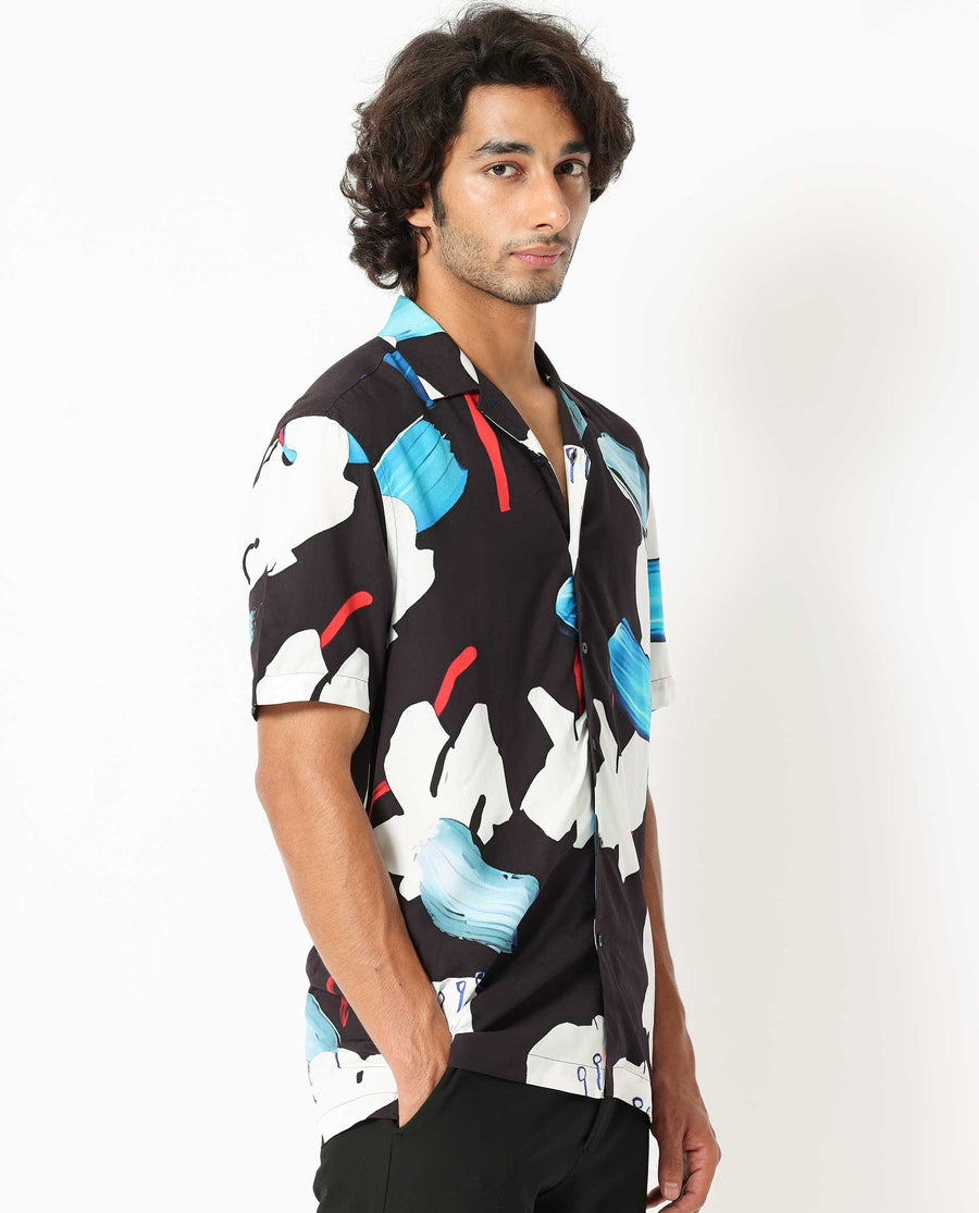Rare Rabbit Men's Croft Black Viscose Abstract Print Regular Fit Half Sleeve Cuban Collar Shirt