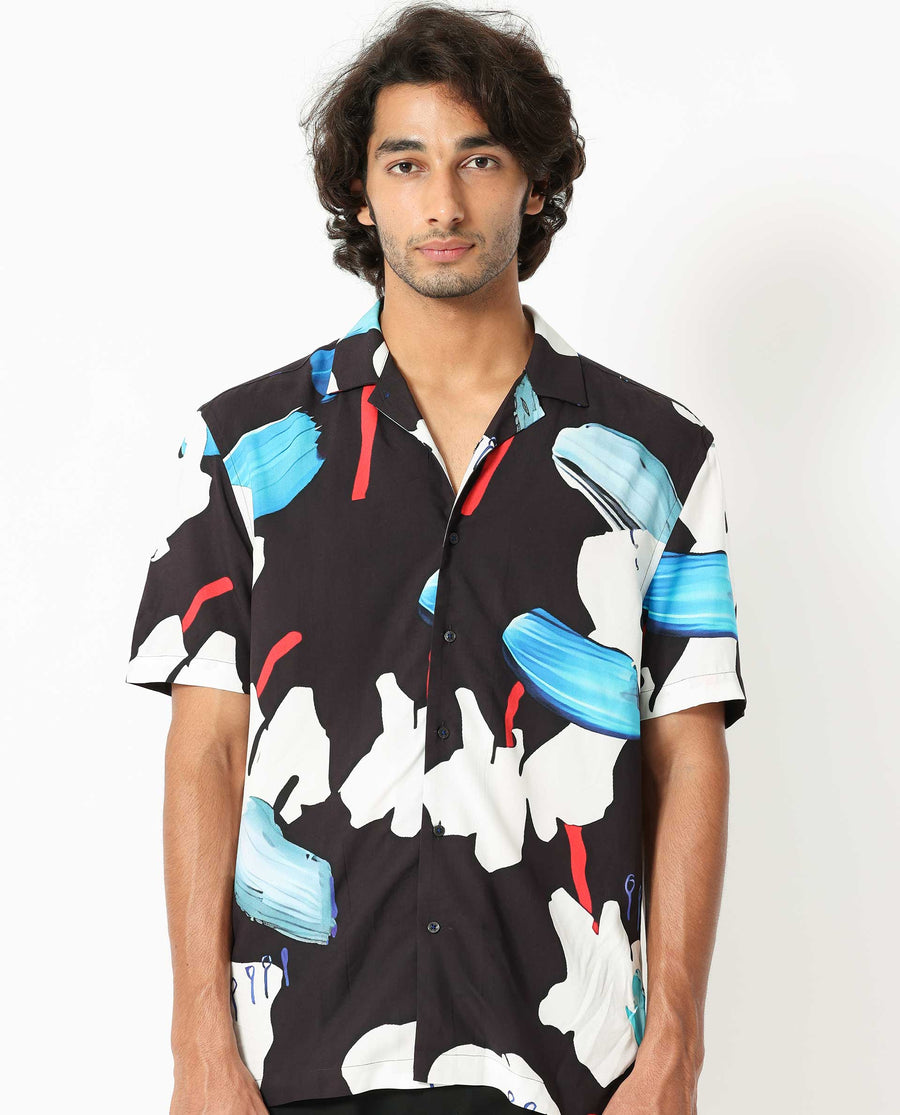Rare Rabbit Men's Croft Black Viscose Abstract Print Regular Fit Half Sleeve Cuban Collar Shirt