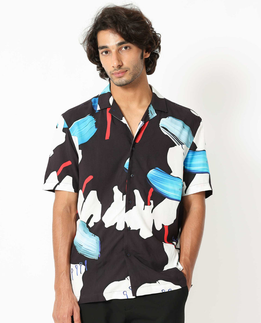 Rare Rabbit Men's Croft Black Viscose Abstract Print Regular Fit Half Sleeve Cuban Collar Shirt