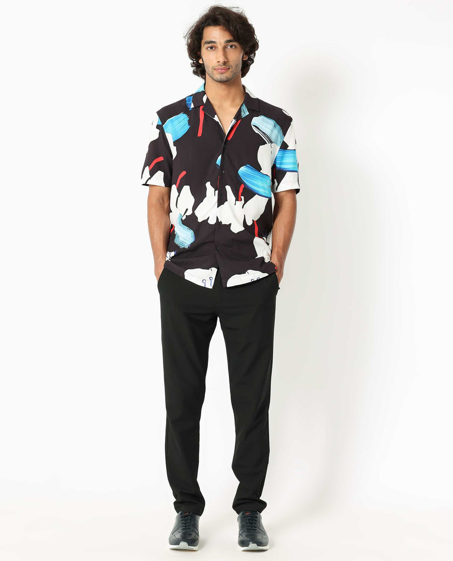 Rare Rabbit Men's Croft Black Viscose Abstract Print Regular Fit Half Sleeve Cuban Collar Shirt