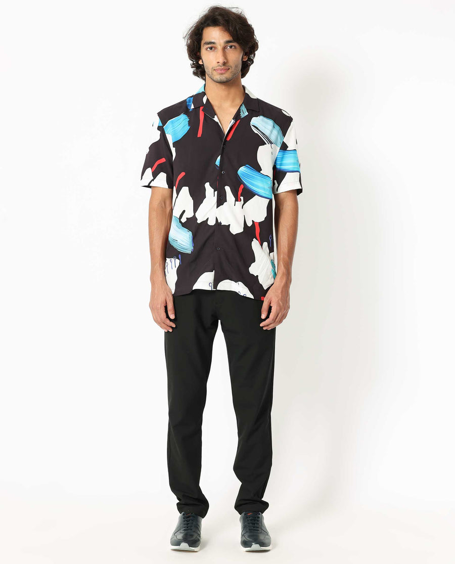 Rare Rabbit Men's Croft Black Viscose Abstract Print Regular Fit Half Sleeve Cuban Collar Shirt