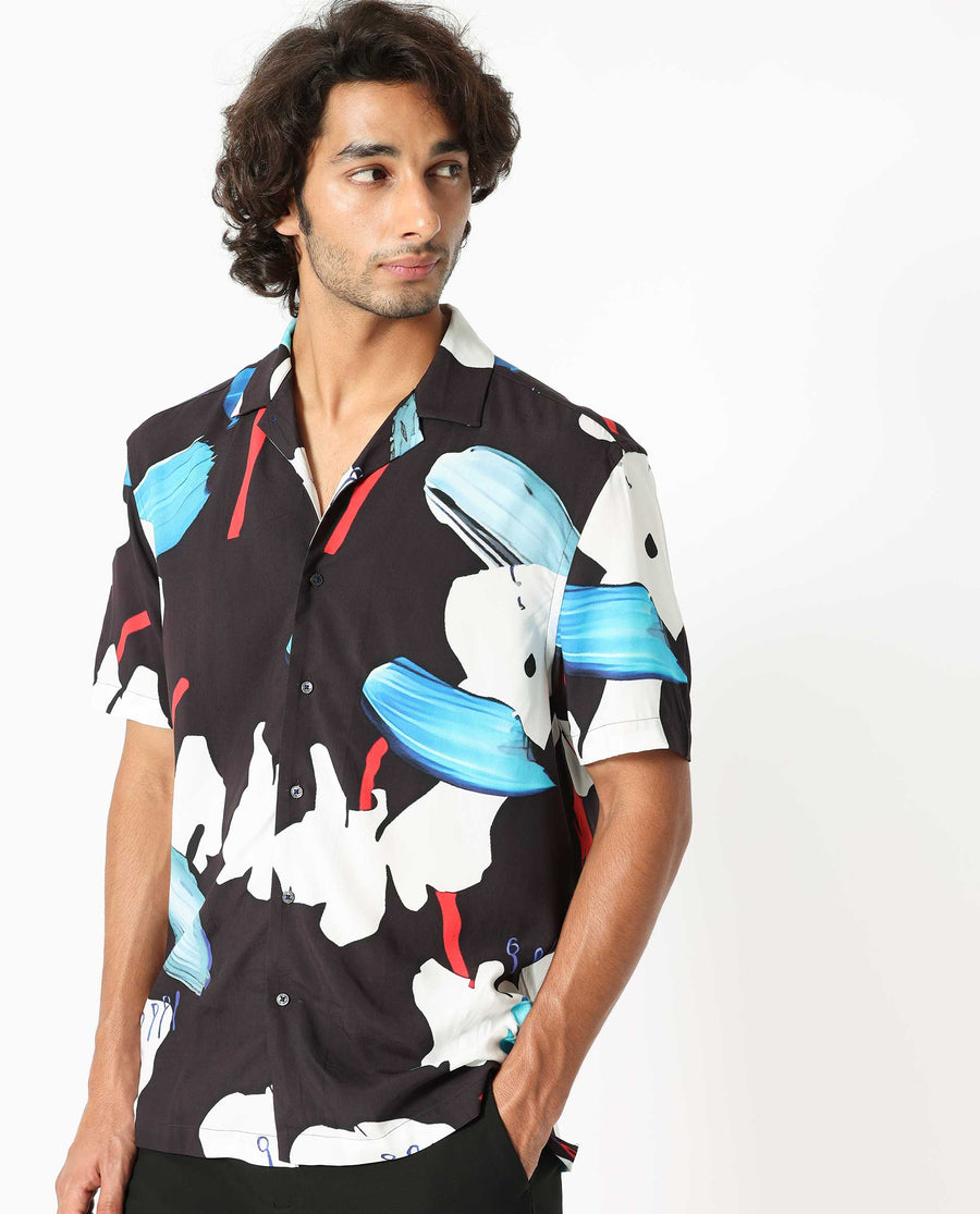Rare Rabbit Men's Croft Black Viscose Abstract Print Regular Fit Half Sleeve Cuban Collar Shirt