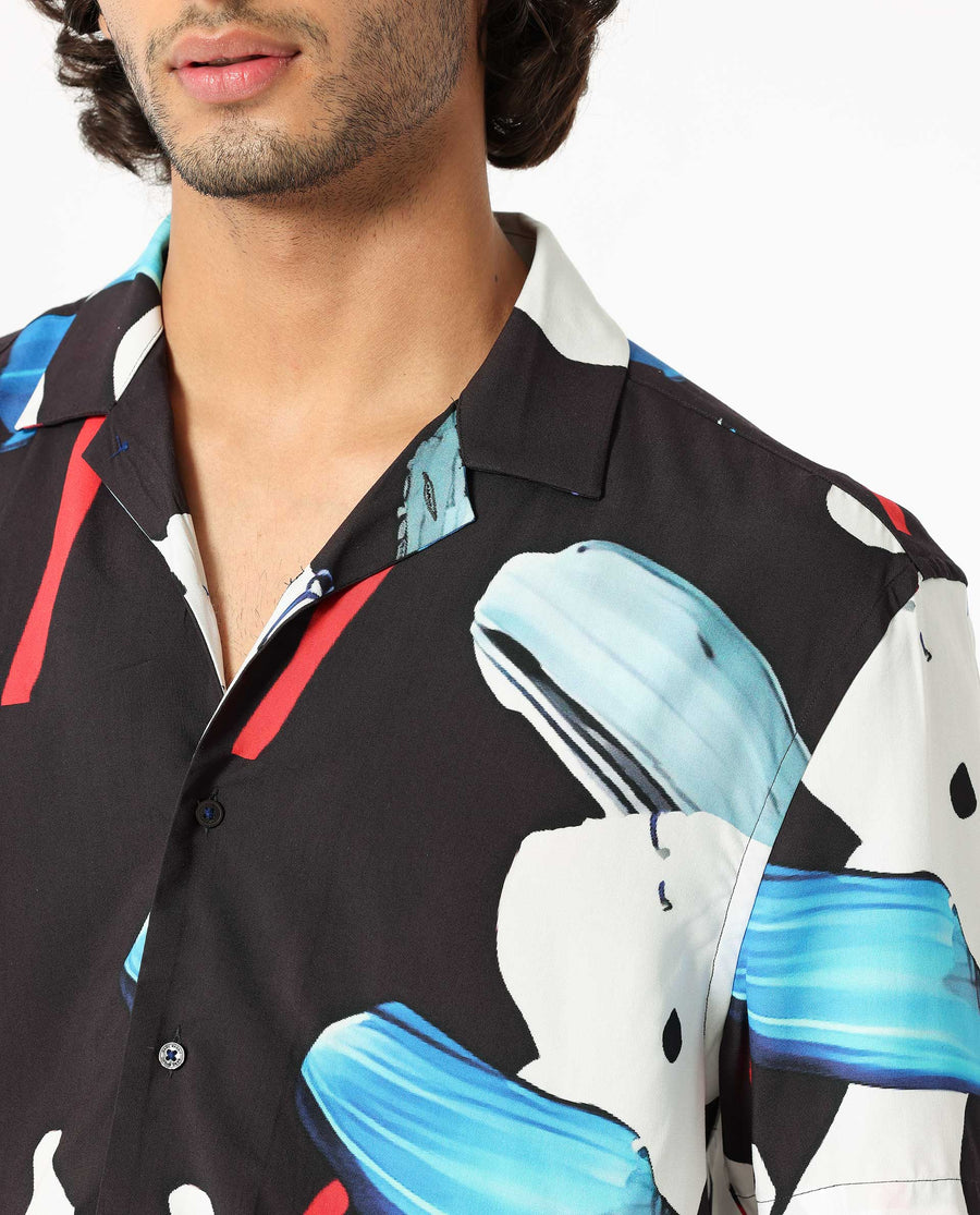 Rare Rabbit Men's Croft Black Viscose Abstract Print Regular Fit Half Sleeve Cuban Collar Shirt