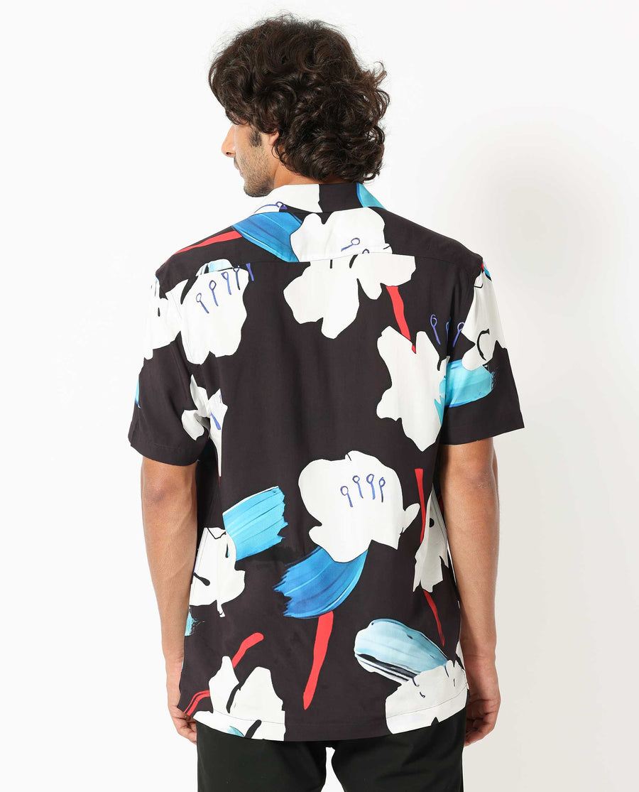 Rare Rabbit Men's Croft Black Viscose Abstract Print Regular Fit Half Sleeve Cuban Collar Shirt