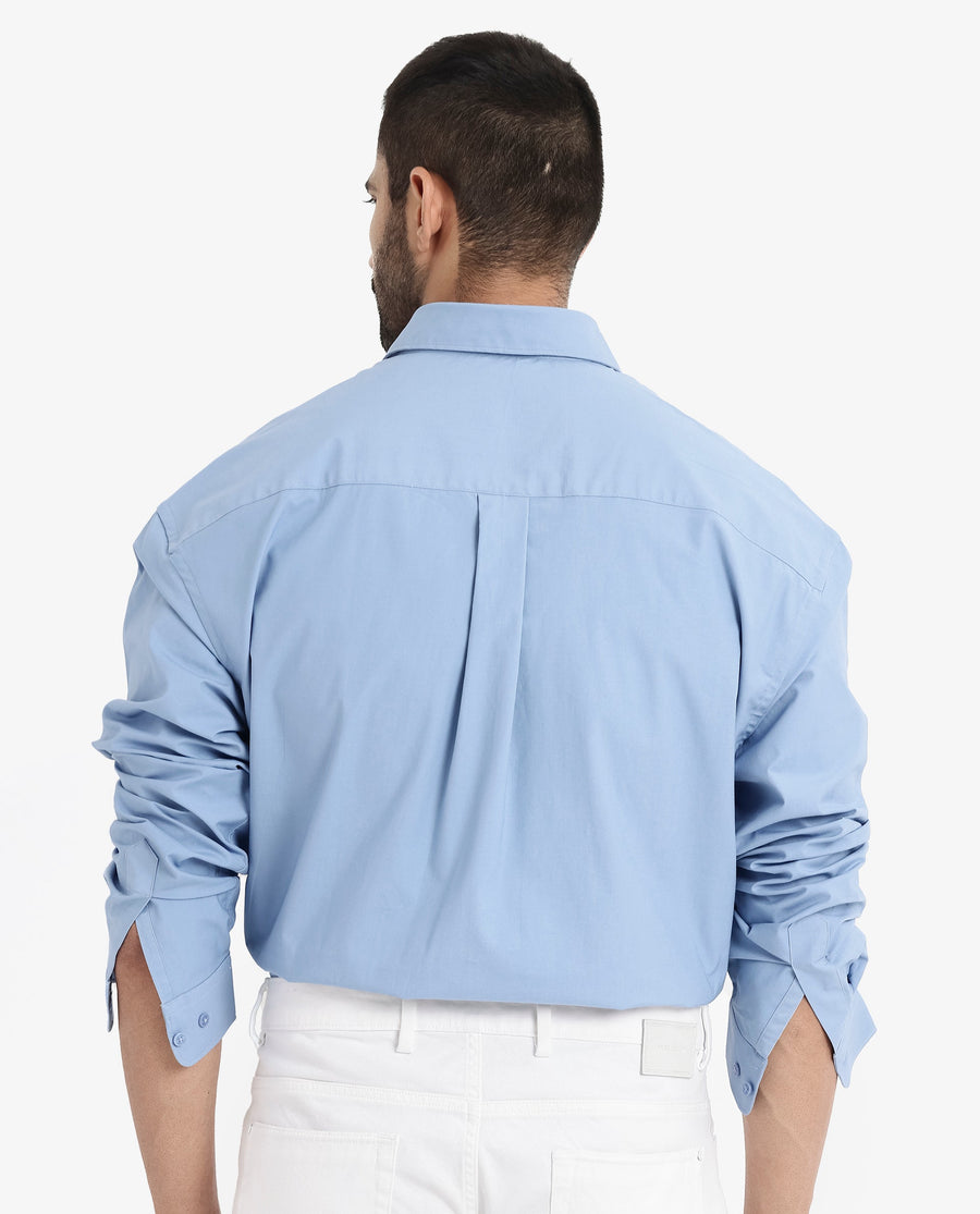 Rare Rabbit Men's Crofty Blue Cotton Plain Boxy Fit Full Sleeve Collared Shirt