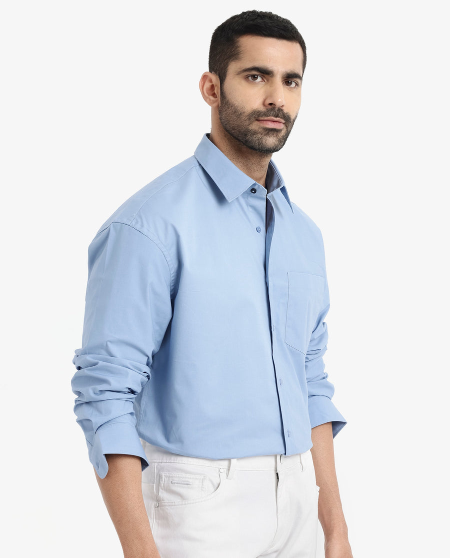 Rare Rabbit Men's Crofty Blue Cotton Plain Boxy Fit Full Sleeve Collared Shirt