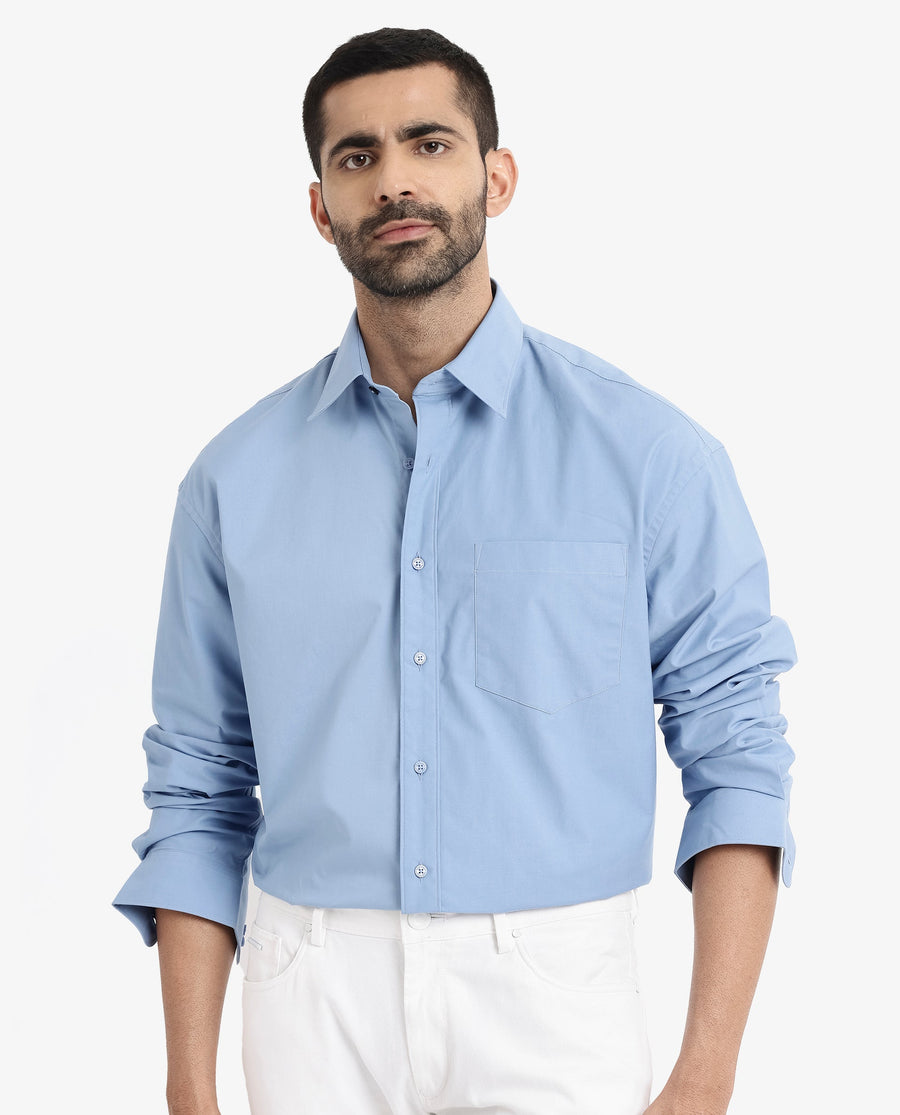 Rare Rabbit Men's Crofty Blue Cotton Plain Boxy Fit Full Sleeve Collared Shirt