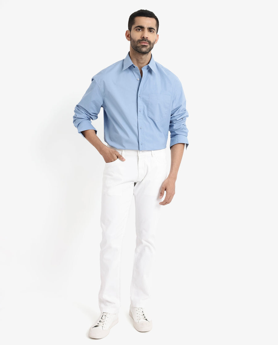 Rare Rabbit Men's Crofty Blue Cotton Plain Boxy Fit Full Sleeve Collared Shirt