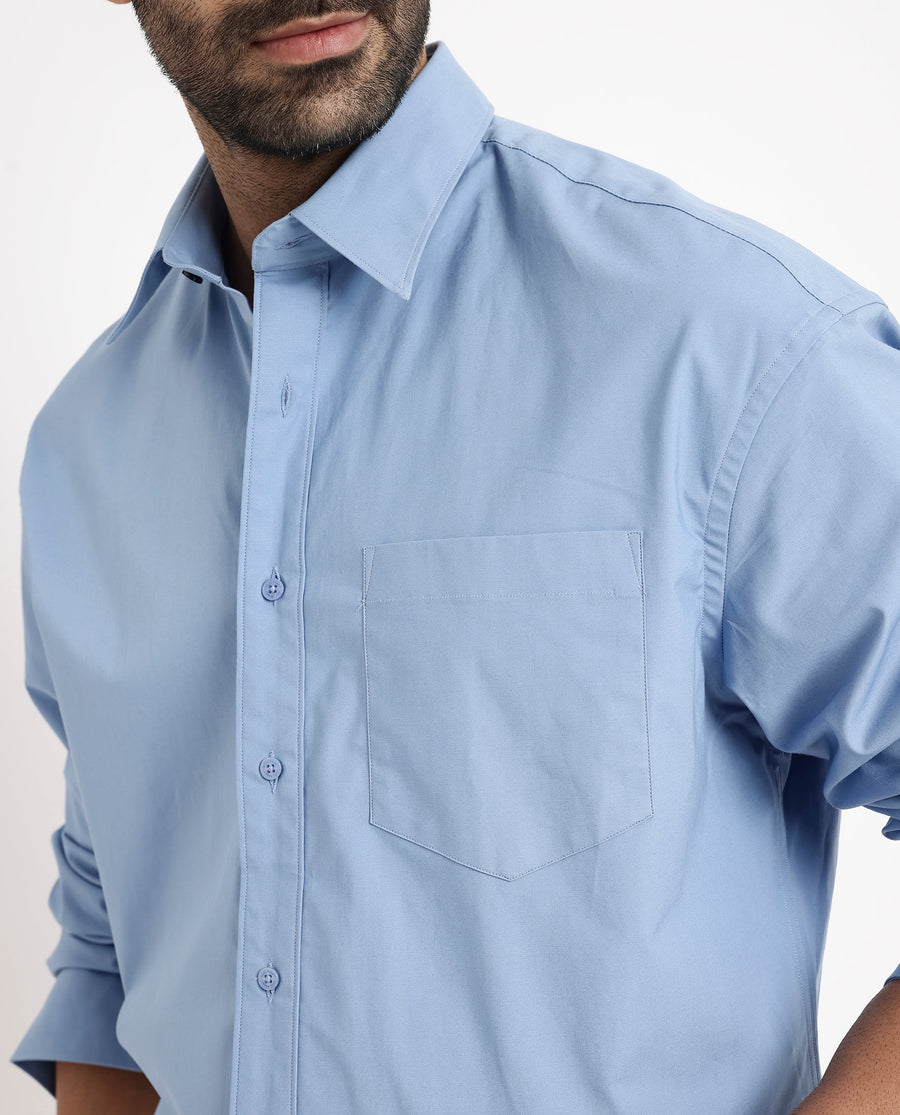 Rare Rabbit Men's Crofty Blue Cotton Plain Boxy Fit Full Sleeve Collared Shirt