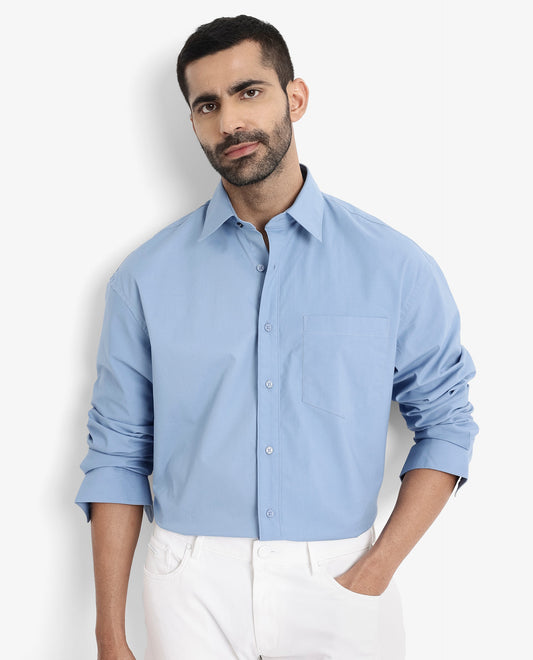 Rare Rabbit Men's Crofty Blue Cotton Plain Boxy Fit Full Sleeve Collared Shirt