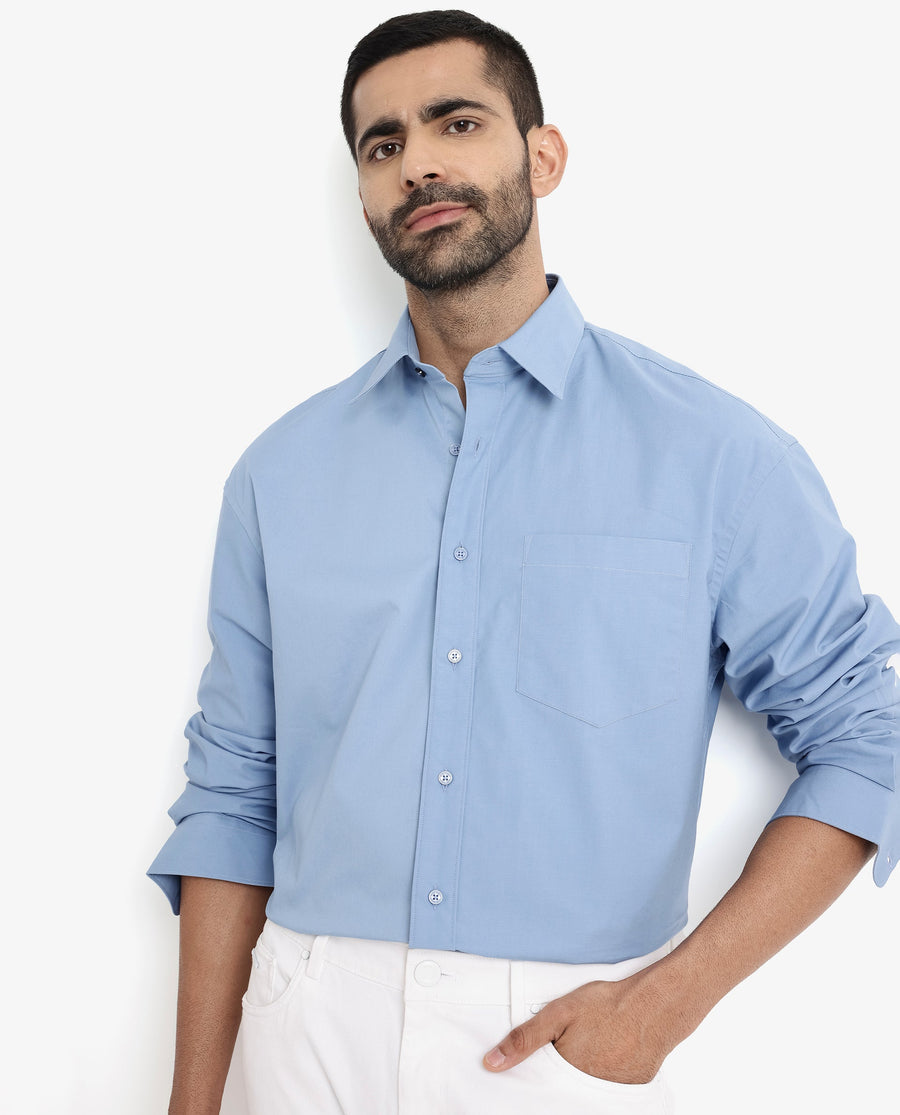 Rare Rabbit Men's Crofty Blue Cotton Plain Boxy Fit Full Sleeve Collared Shirt
