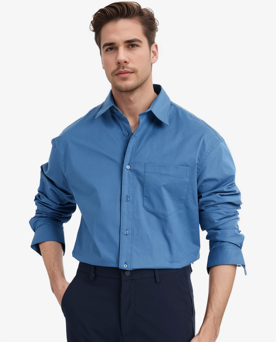 Rare Rabbit Men's Crofty Dark Blue Cotton Plain Boxy Fit Full Sleeve Collared Shirt