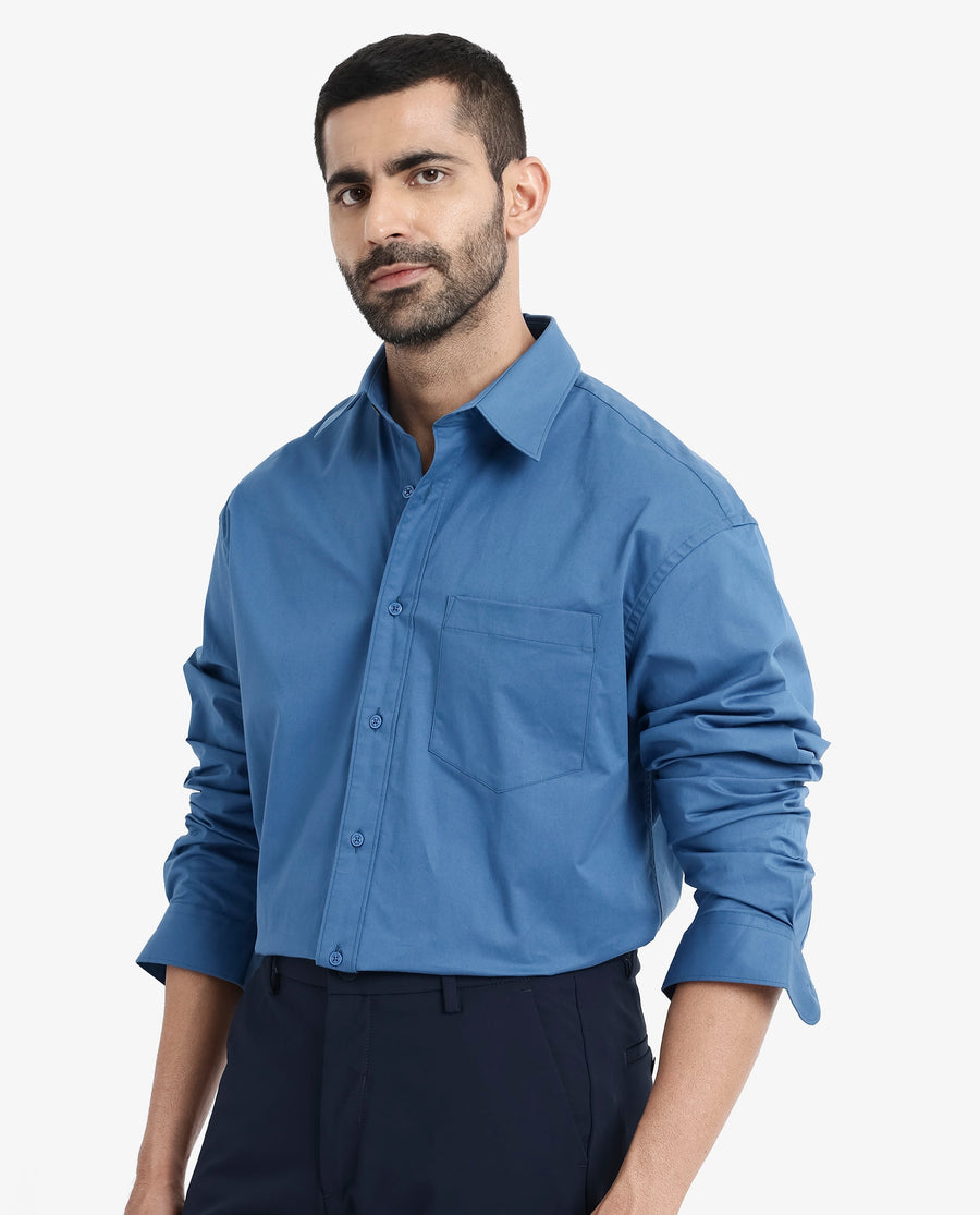 Rare Rabbit Men's Crofty Dark Blue Cotton Plain Boxy Fit Full Sleeve Collared Shirt