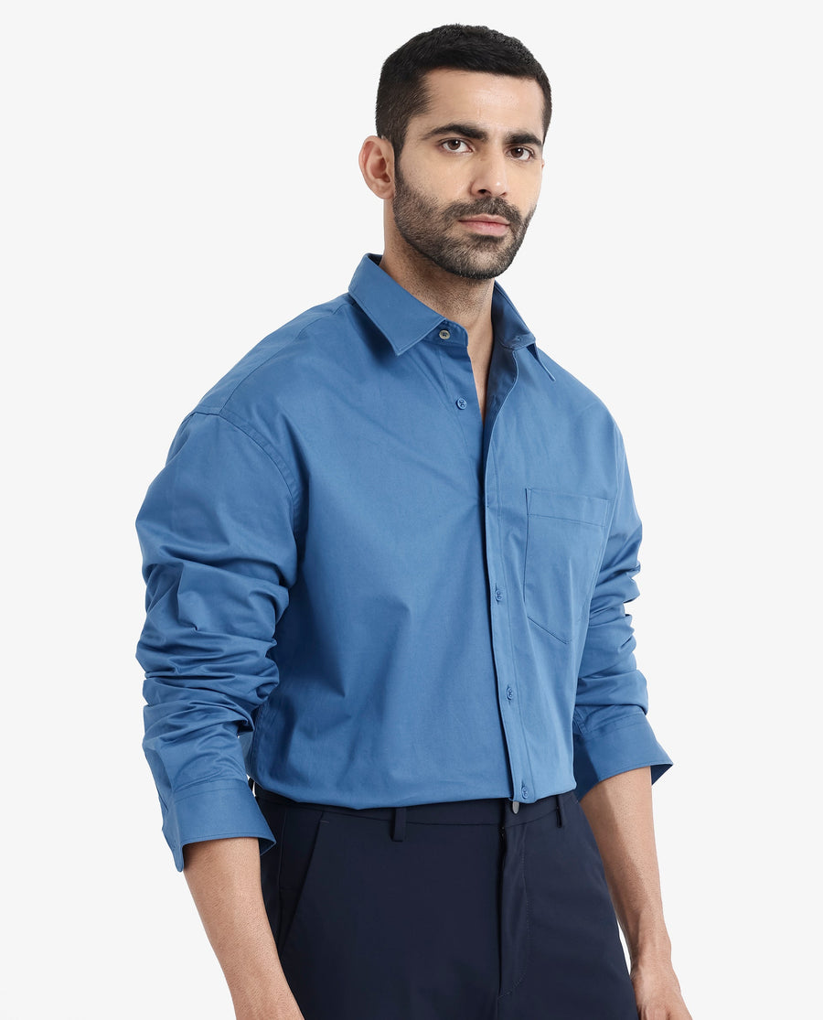 Rare Rabbit Men's Crofty Dark Blue Cotton Plain Boxy Fit Full Sleeve Collared Shirt