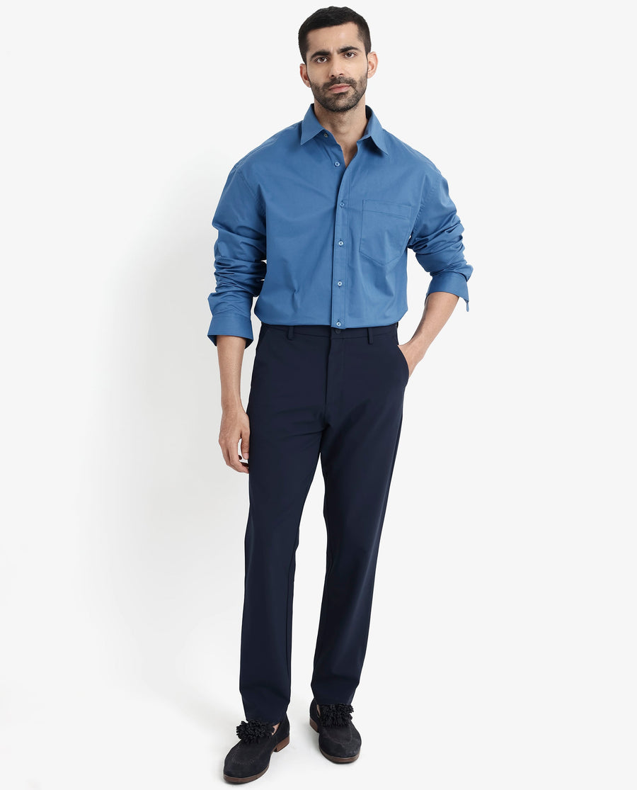 Rare Rabbit Men's Crofty Dark Blue Cotton Plain Boxy Fit Full Sleeve Collared Shirt