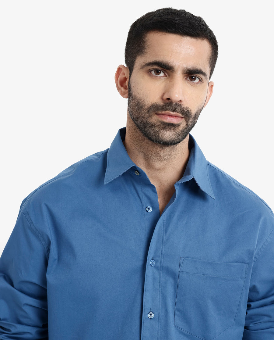 Rare Rabbit Men's Crofty Dark Blue Cotton Plain Boxy Fit Full Sleeve Collared Shirt