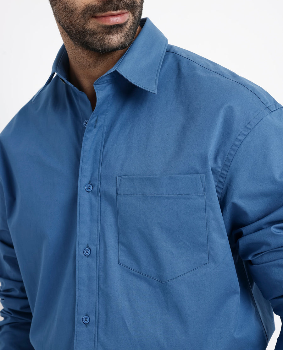 Rare Rabbit Men's Crofty Dark Blue Cotton Plain Boxy Fit Full Sleeve Collared Shirt