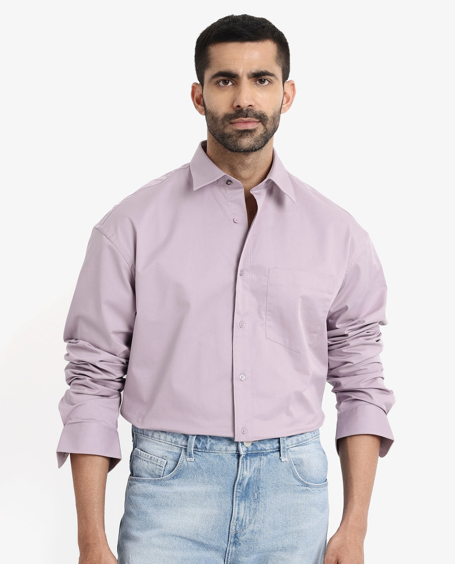 Rare Rabbit Men's Crofty Dusky Purple Cotton Plain Boxy Fit Full Sleeve Collared Shirt