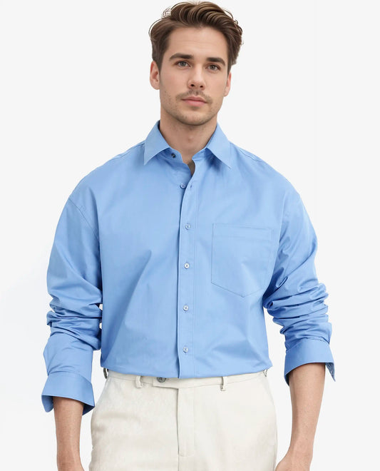 Rare Rabbit Men's Crofty Light Blue Cotton Plain Boxy Fit Full Sleeve Collared Shirt