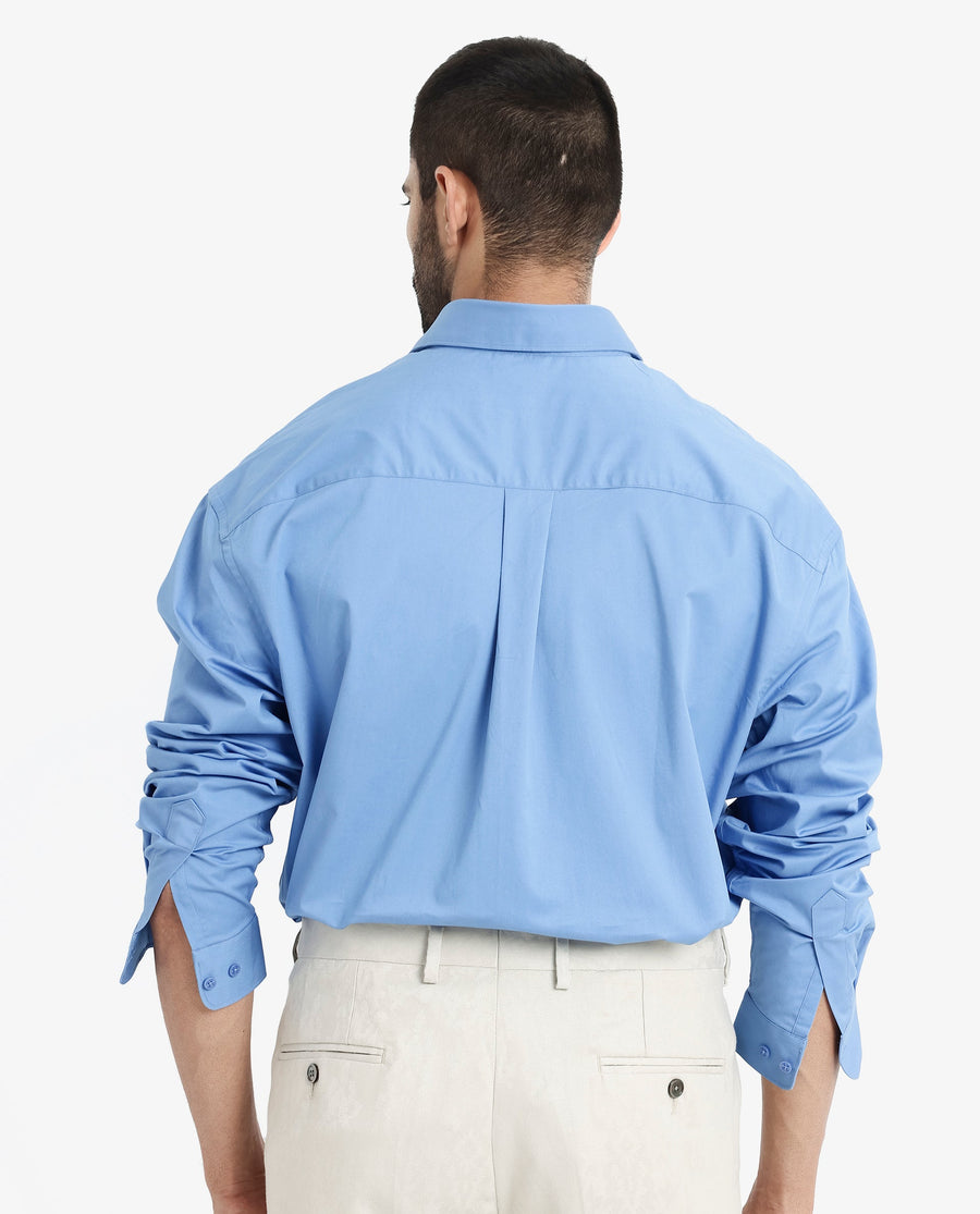 Rare Rabbit Men's Crofty Light Blue Cotton Plain Boxy Fit Full Sleeve Collared Shirt
