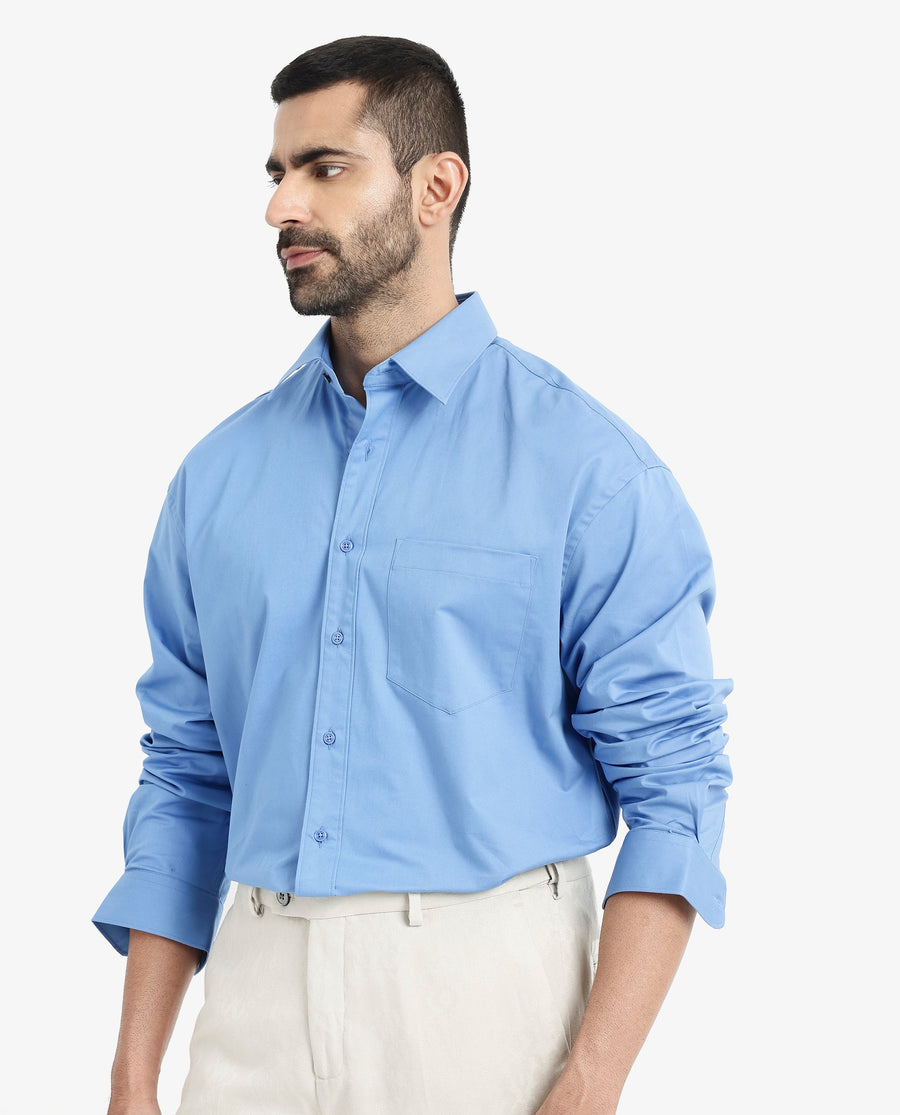 Rare Rabbit Men's Crofty Light Blue Cotton Plain Boxy Fit Full Sleeve Collared Shirt