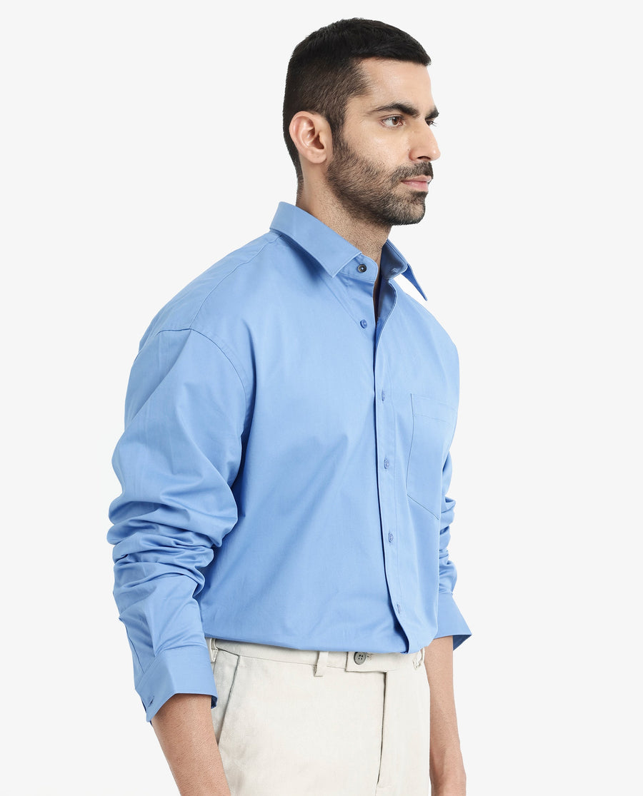 Rare Rabbit Men's Crofty Light Blue Cotton Plain Boxy Fit Full Sleeve Collared Shirt