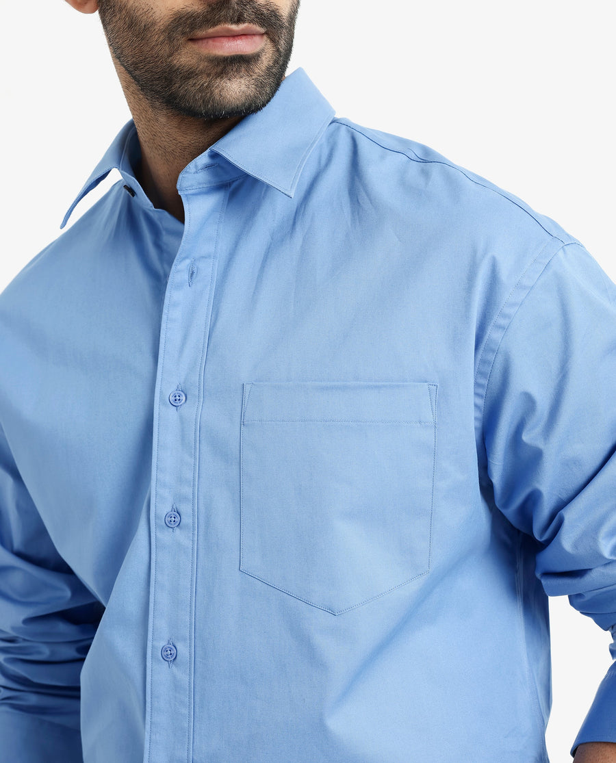 Rare Rabbit Men's Crofty Light Blue Cotton Plain Boxy Fit Full Sleeve Collared Shirt