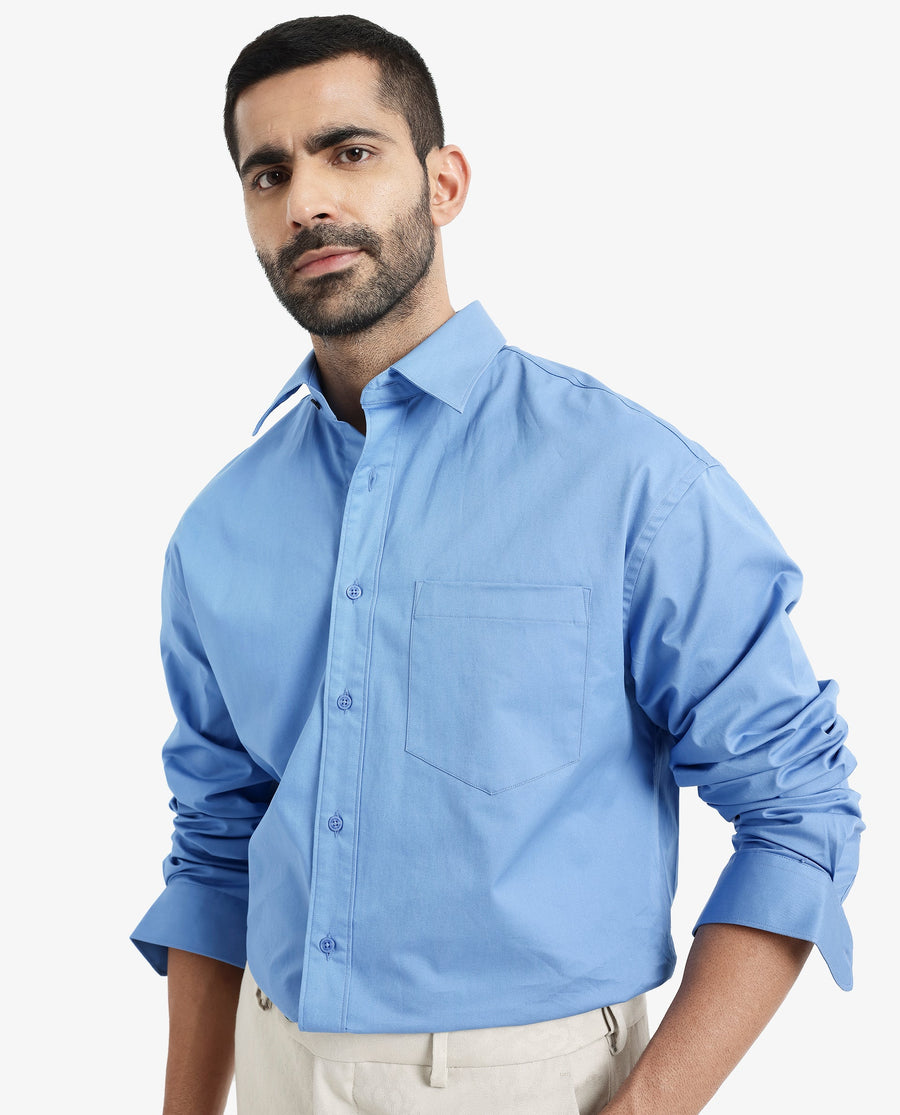 Rare Rabbit Men's Crofty Light Blue Cotton Plain Boxy Fit Full Sleeve Collared Shirt