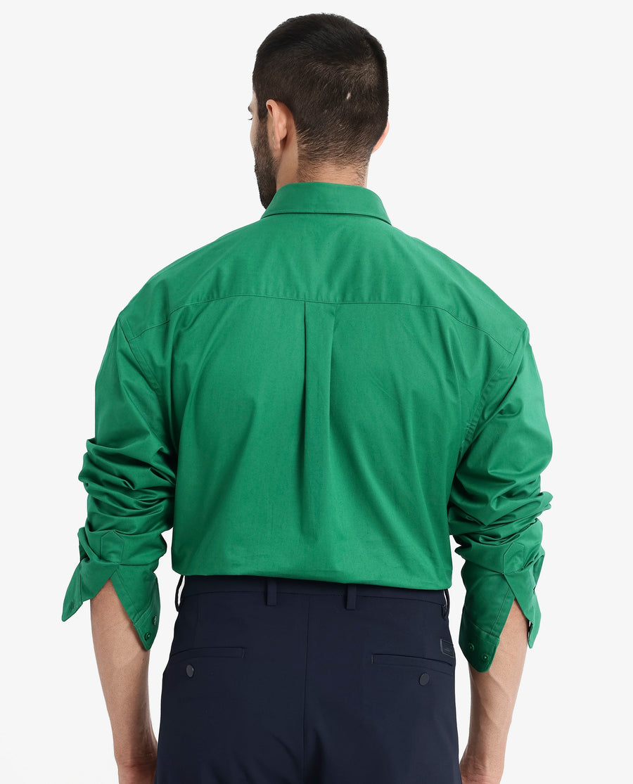 Rare Rabbit Men's Crofty Green Cotton Plain Boxy Fit Full Sleeve Collared Shirt