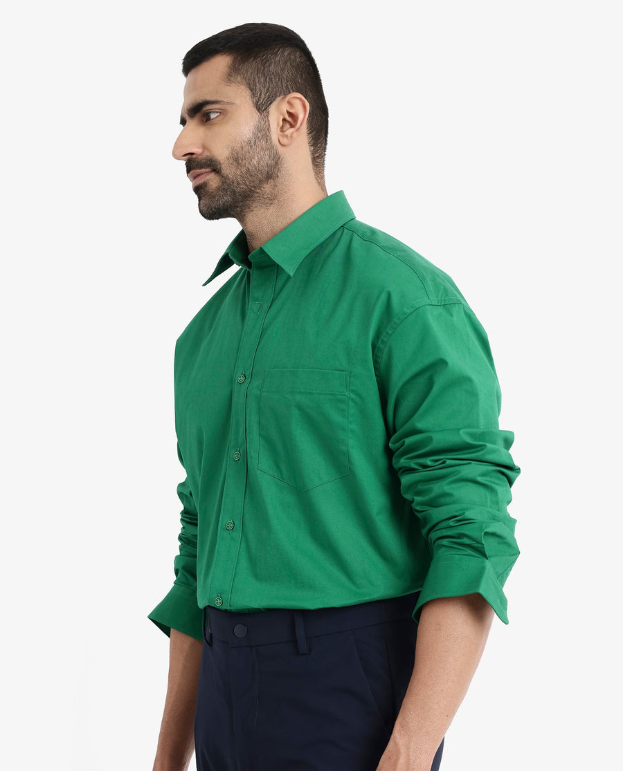 Rare Rabbit Men's Crofty Green Cotton Plain Boxy Fit Full Sleeve Collared Shirt