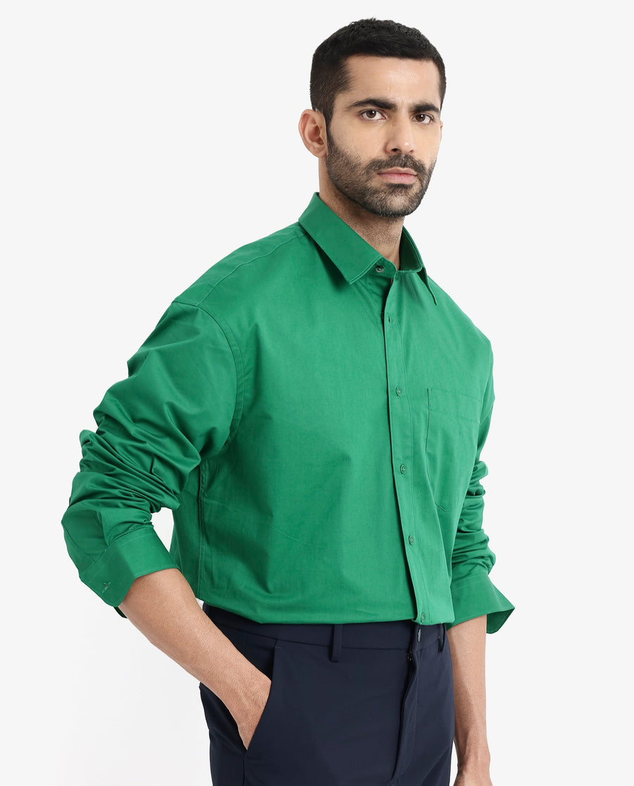 Rare Rabbit Men's Crofty Green Cotton Plain Boxy Fit Full Sleeve Collared Shirt