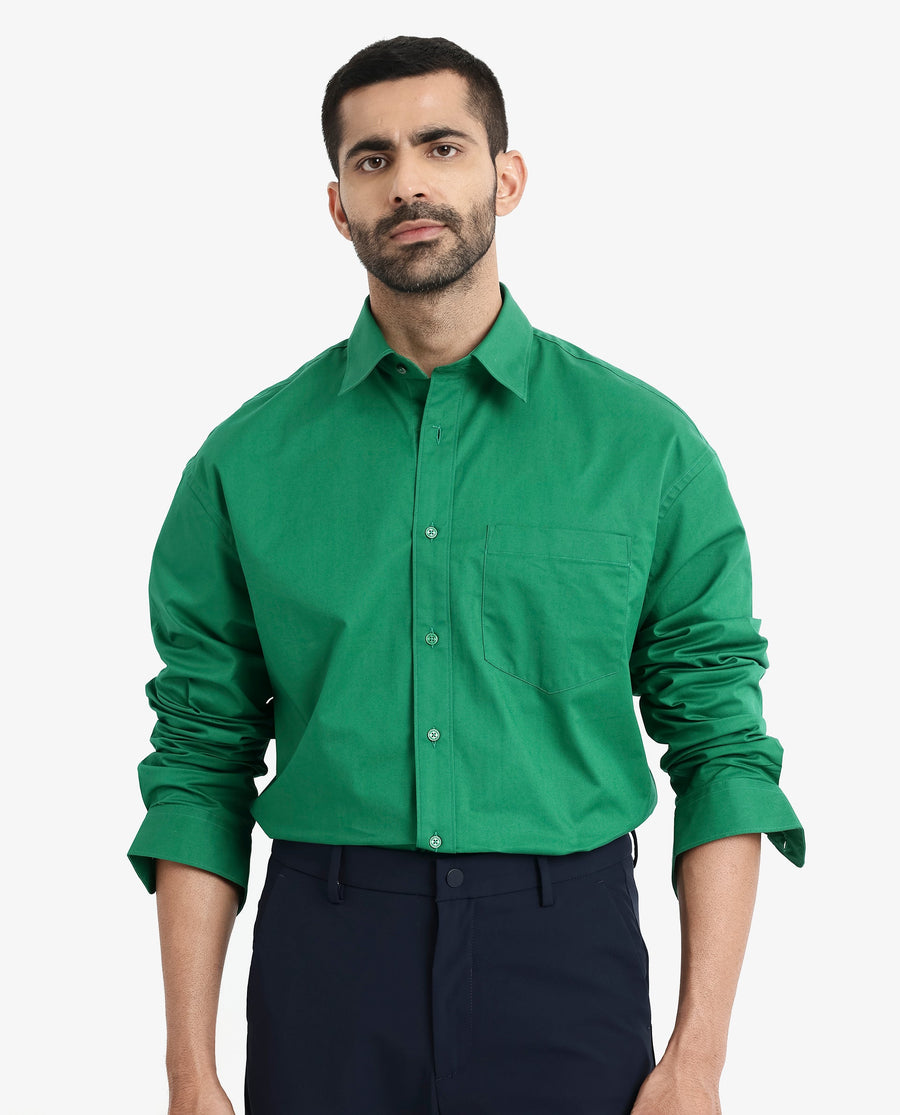 Rare Rabbit Men's Crofty Green Cotton Plain Boxy Fit Full Sleeve Collared Shirt