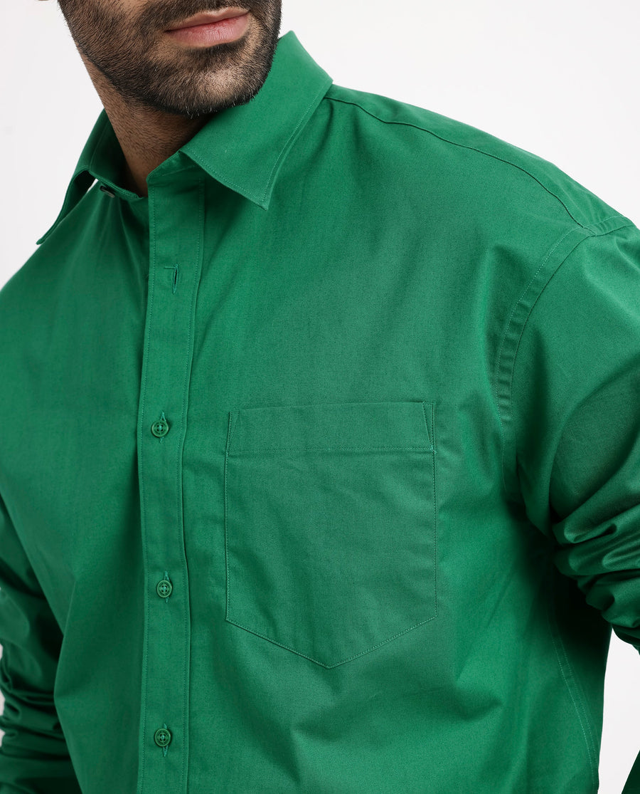 Rare Rabbit Men's Crofty Green Cotton Plain Boxy Fit Full Sleeve Collared Shirt