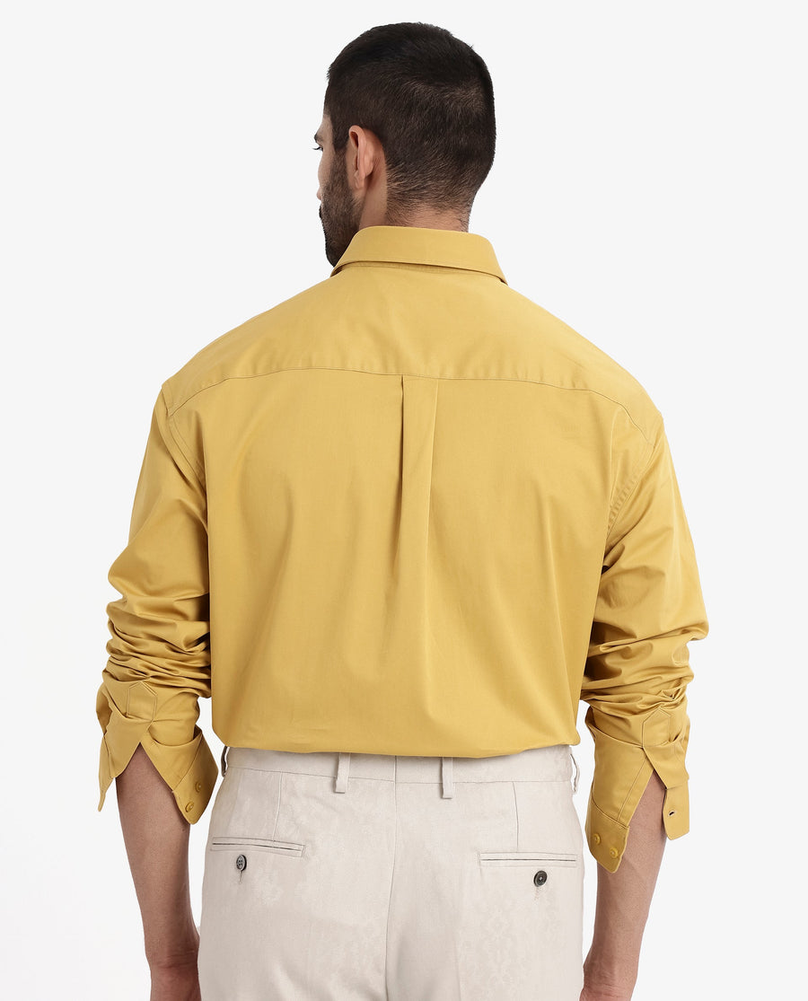 Rare Rabbit Men's Crofty Yellow Cotton Plain Boxy Fit Full Sleeve Collared Shirt