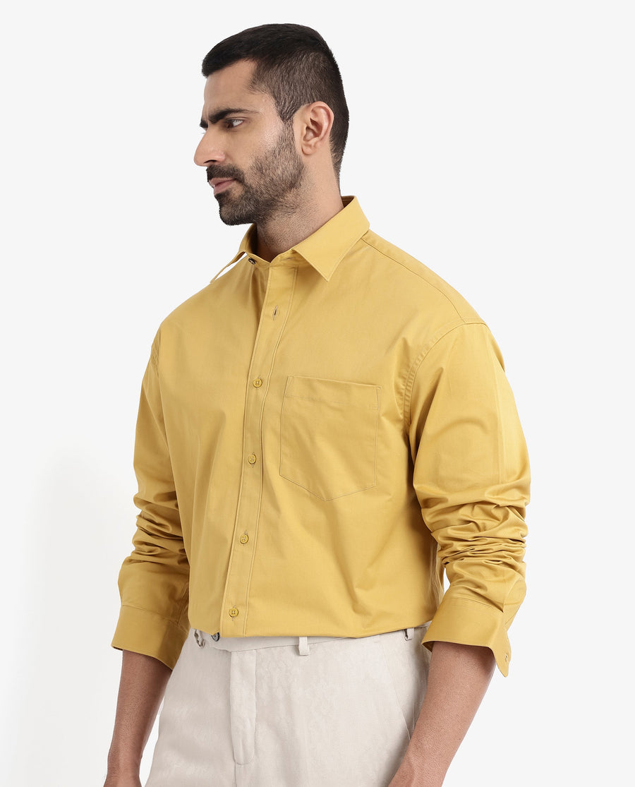Rare Rabbit Men's Crofty Yellow Cotton Plain Boxy Fit Full Sleeve Collared Shirt